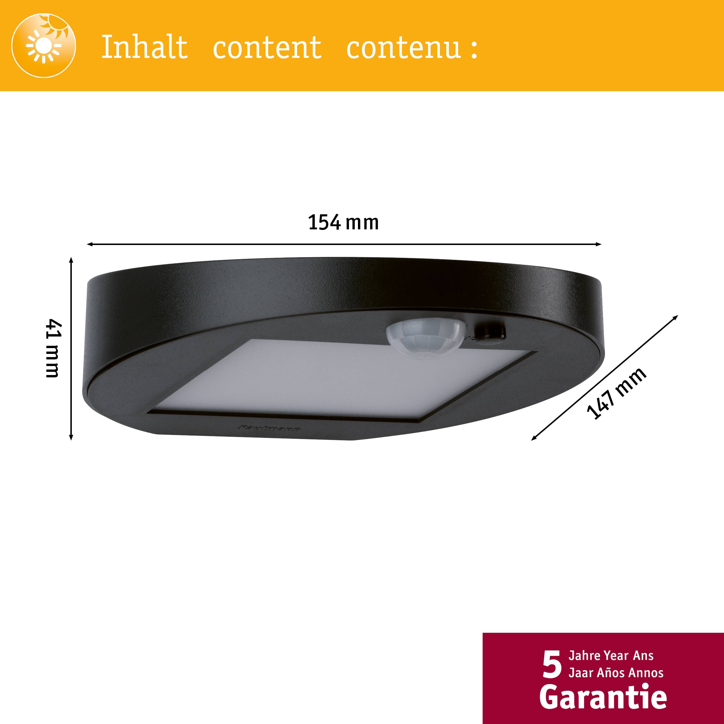 Kulaté stropní svítidlo s pohybovým senzorem a LED, průměr 154 mm, výška 41 mm. 5 let záruky.