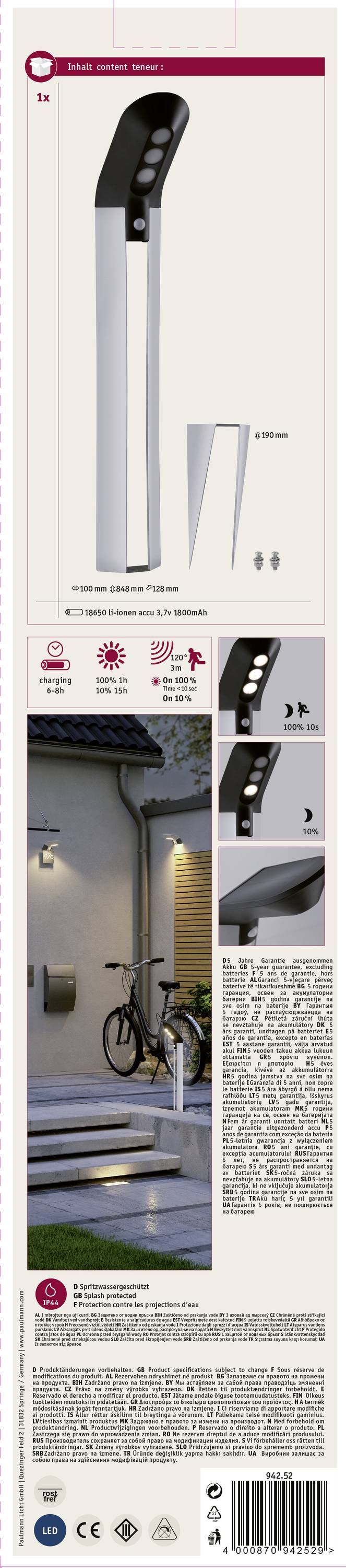 LED solární zahradní svítidlo: Černá a stříbrná solární lampa do exteriéru, vybavená čtyřmi LED diodami. Vhodná pro osvětlení cest.