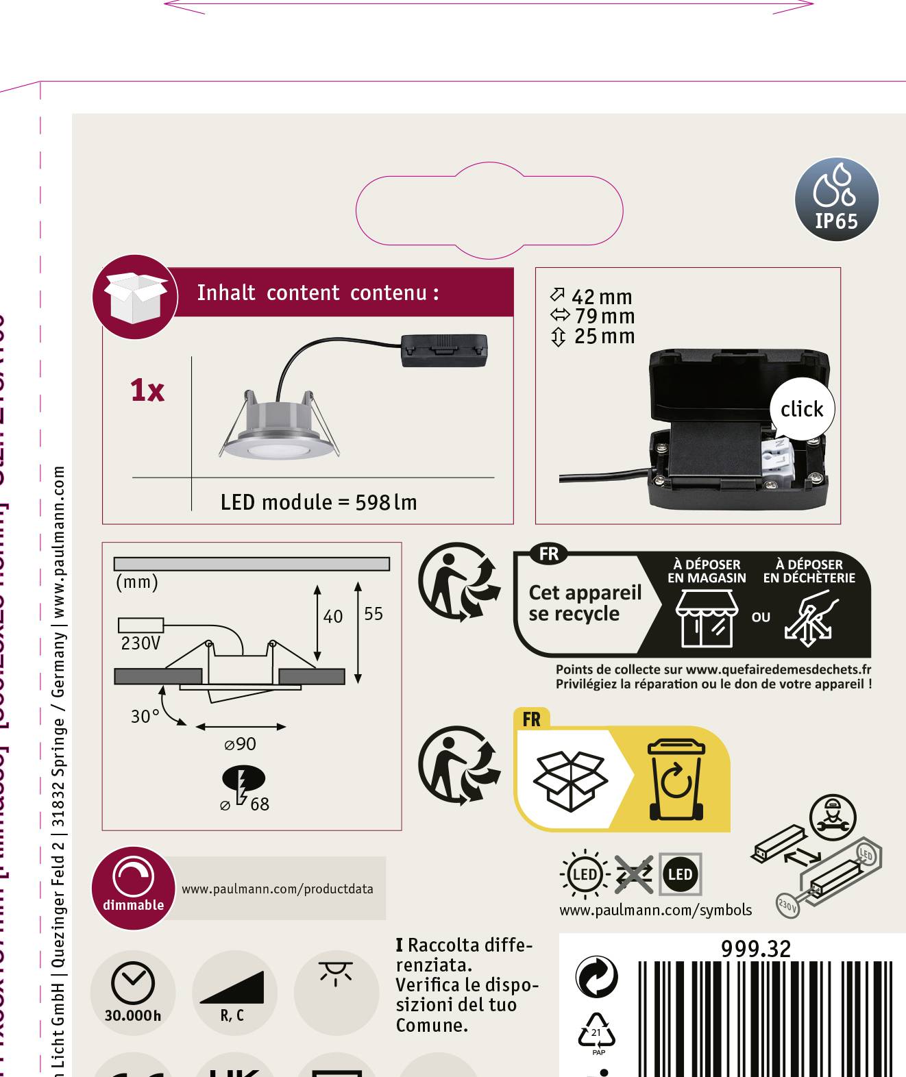 LED modul Obsah: 1x, Délka 598 mm. Diagram znázorňuje LED připojení a instalační pokyny. Symboly pro likvidaci a stupeň krytí IP65.
