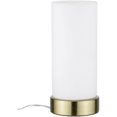Válcová lampa s bílým stínidlem a mosazným podstavcem, která stojí na hladkém povrchu.