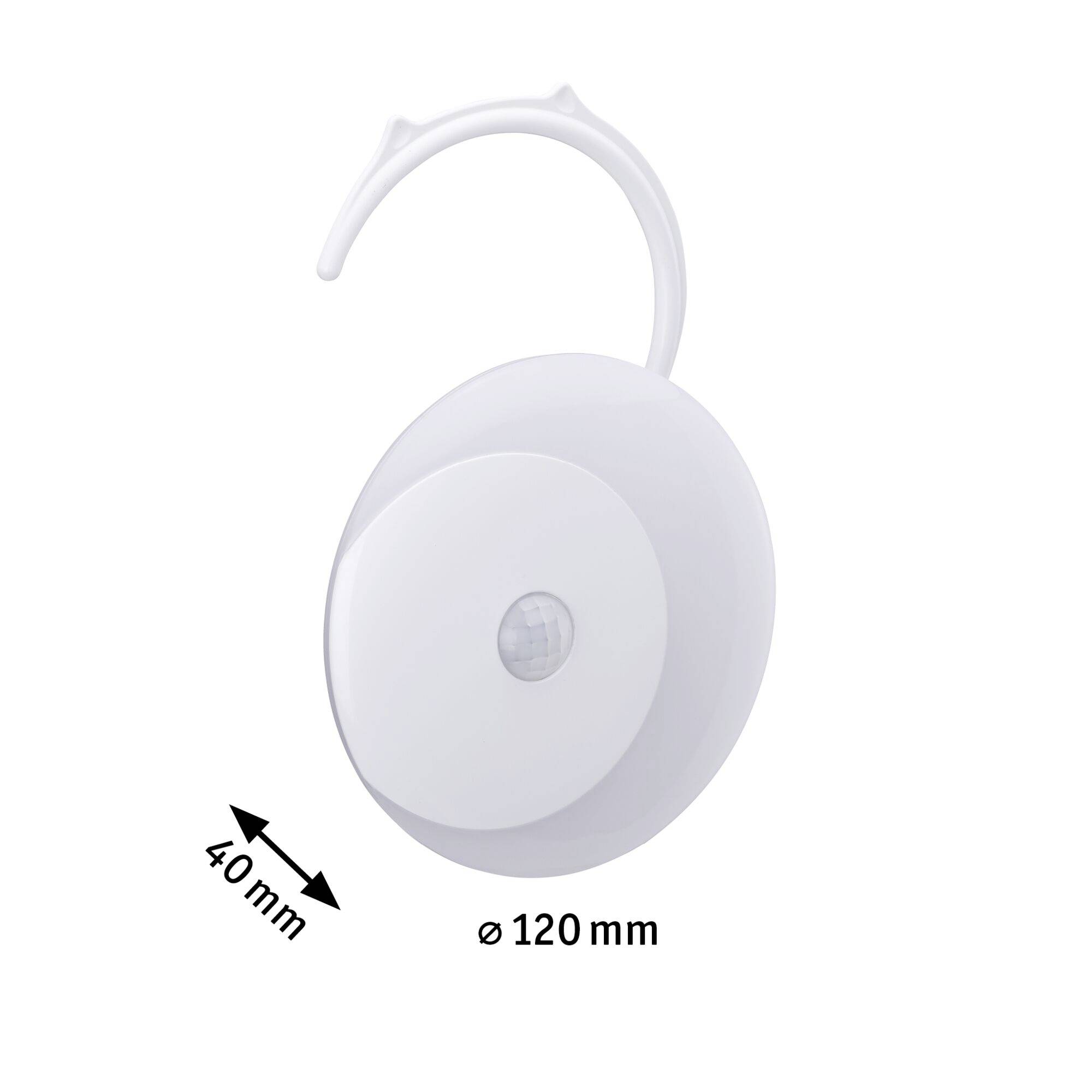 Kulatá, bílá LED nástěnná svítidlo s pohybovým senzorem, závěsnou smyčkou a rozměry 120 mm v průměru a 40 mm tloušťky.