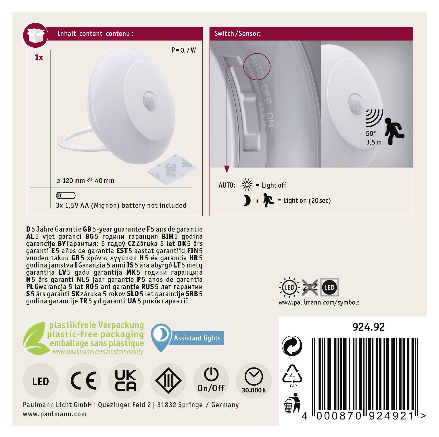 LED lampa se senzorem: Včetně 5leté záruky. Provoz pomocí 3x1,5V AA baterií (nejsou součástí balení). Vnější průměr 120 mm.