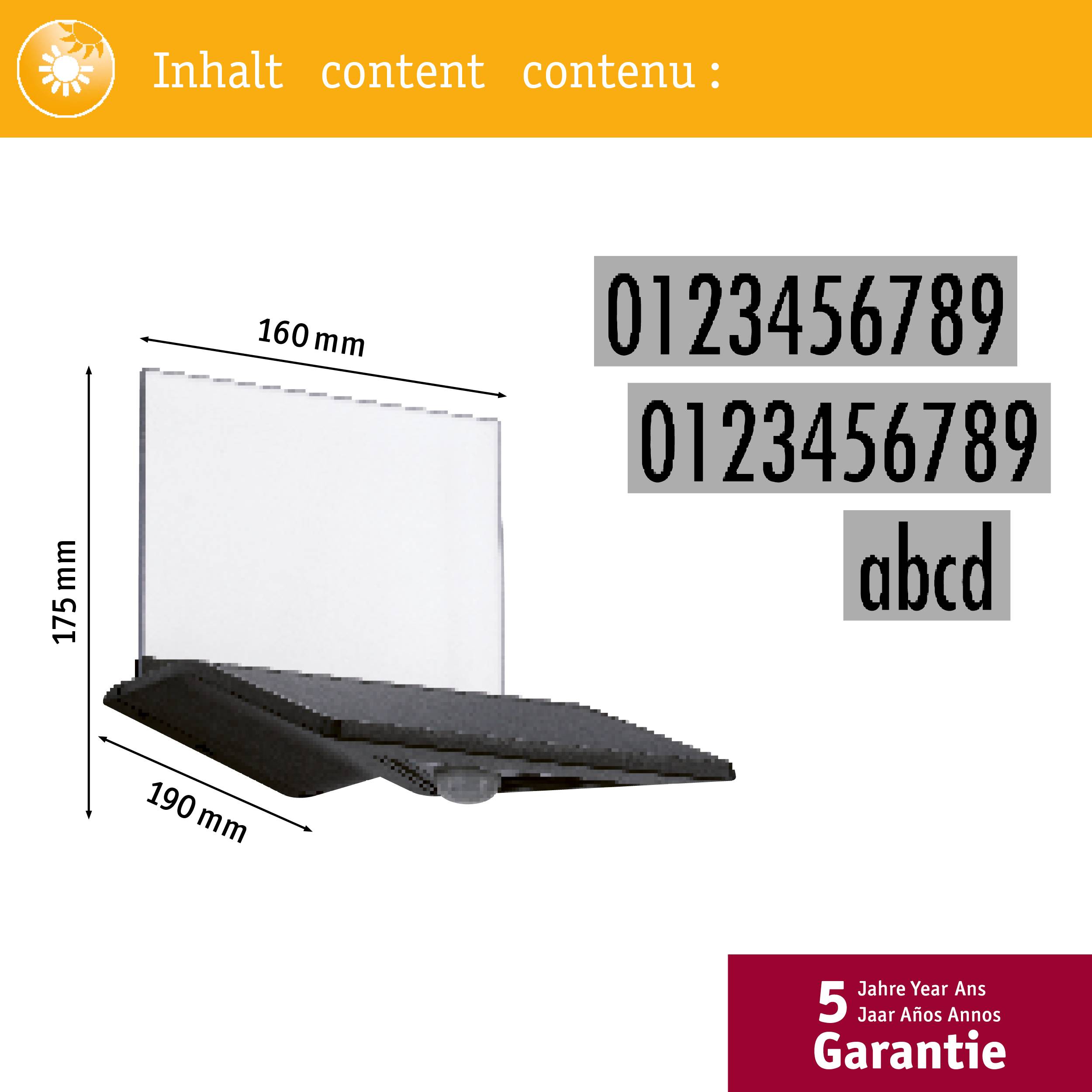 Technický výkres sklopného krytu displeje s rozměry 160 mm x 175 mm x 190 mm. Obsahuje vzorky písma. 5 let záruky.