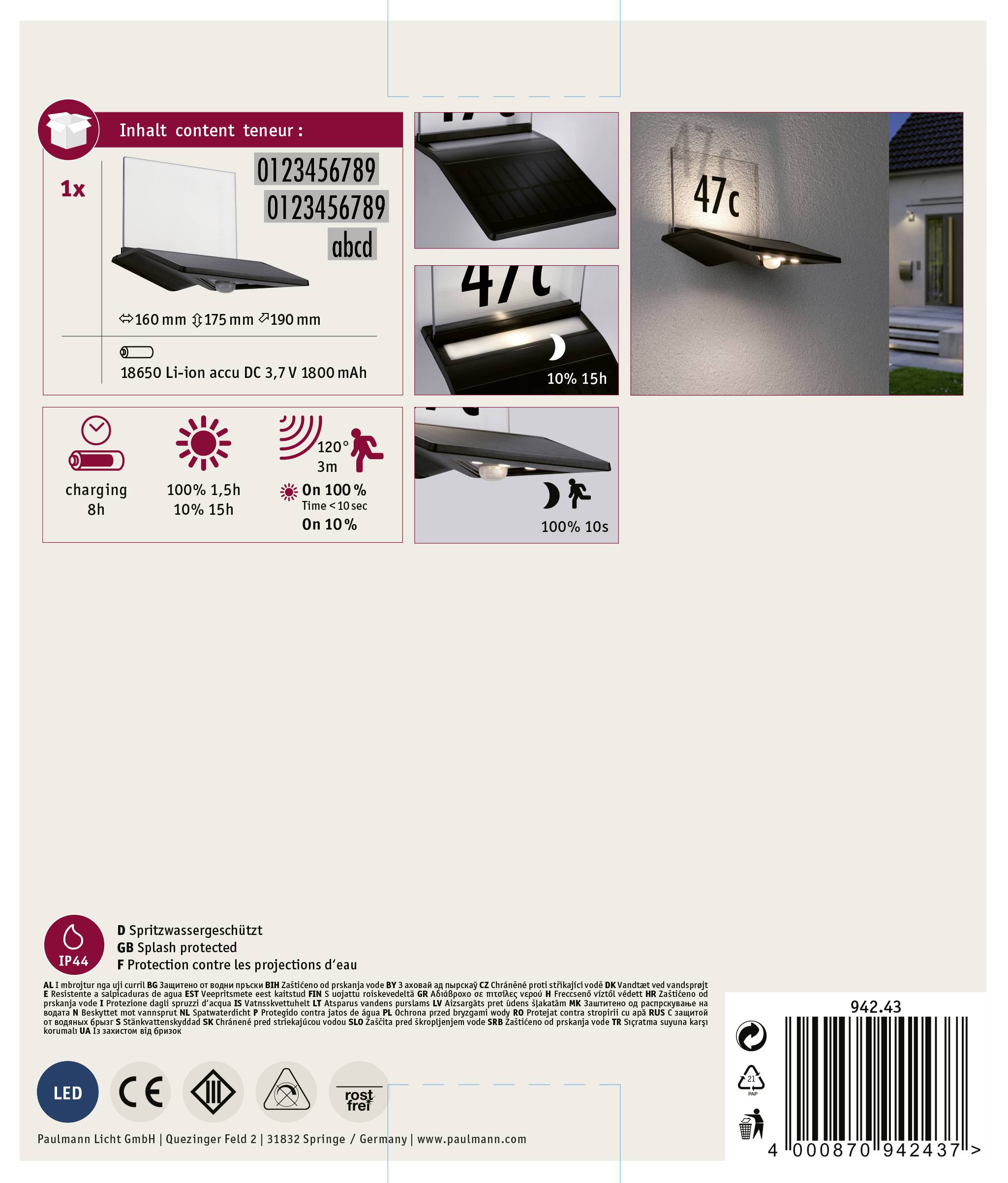 LED solární nástěnná svítilna, černá. Obsahuje akumulátor a šrouby. Svítí při 100% jasu po dobu 5 hodin, při 50% jasu po dobu 10 hodin. Chráněna proti stříkající vodě IP54.