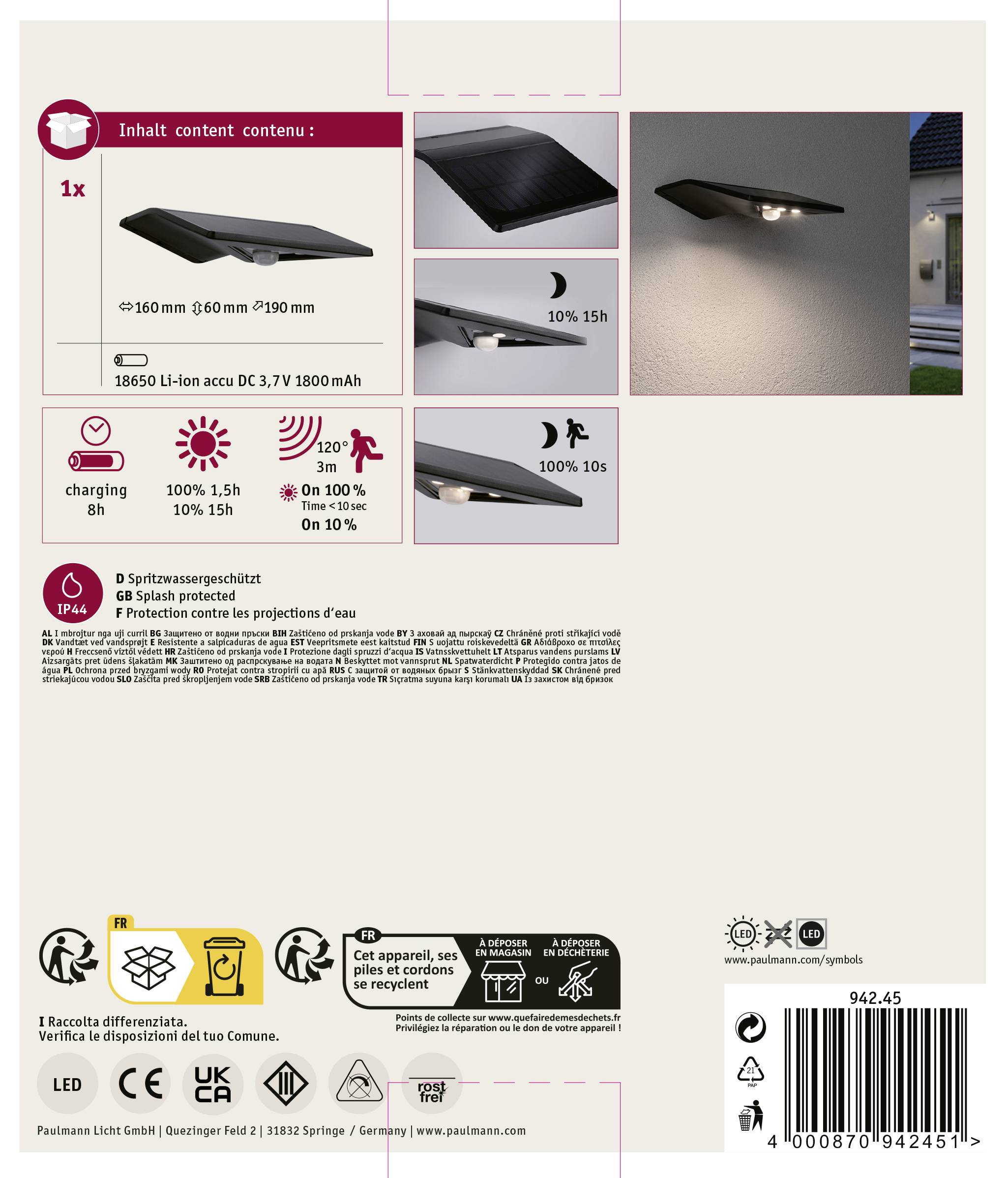 Obrázek ukazuje balení solární lampy s technickými detaily: 360° pohybový senzor, voděodolná IP44, 3 světelné režimy, součástí balení 1x solární lampa.