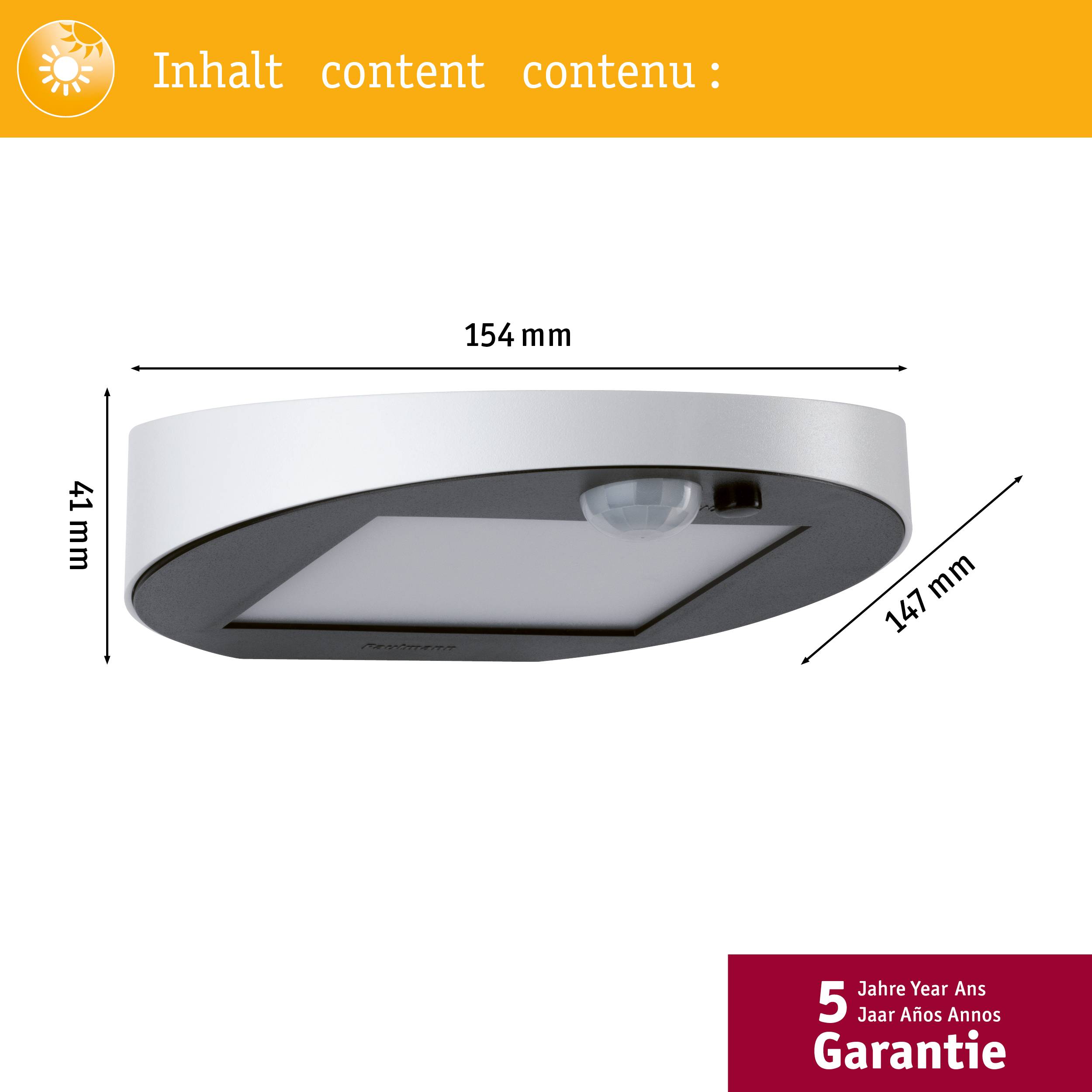 'Kulaté LED svítidlo s pohybovým senzorem, rozměry: 154 mm x 41 mm x 147 mm. Pětiletá záruka.'