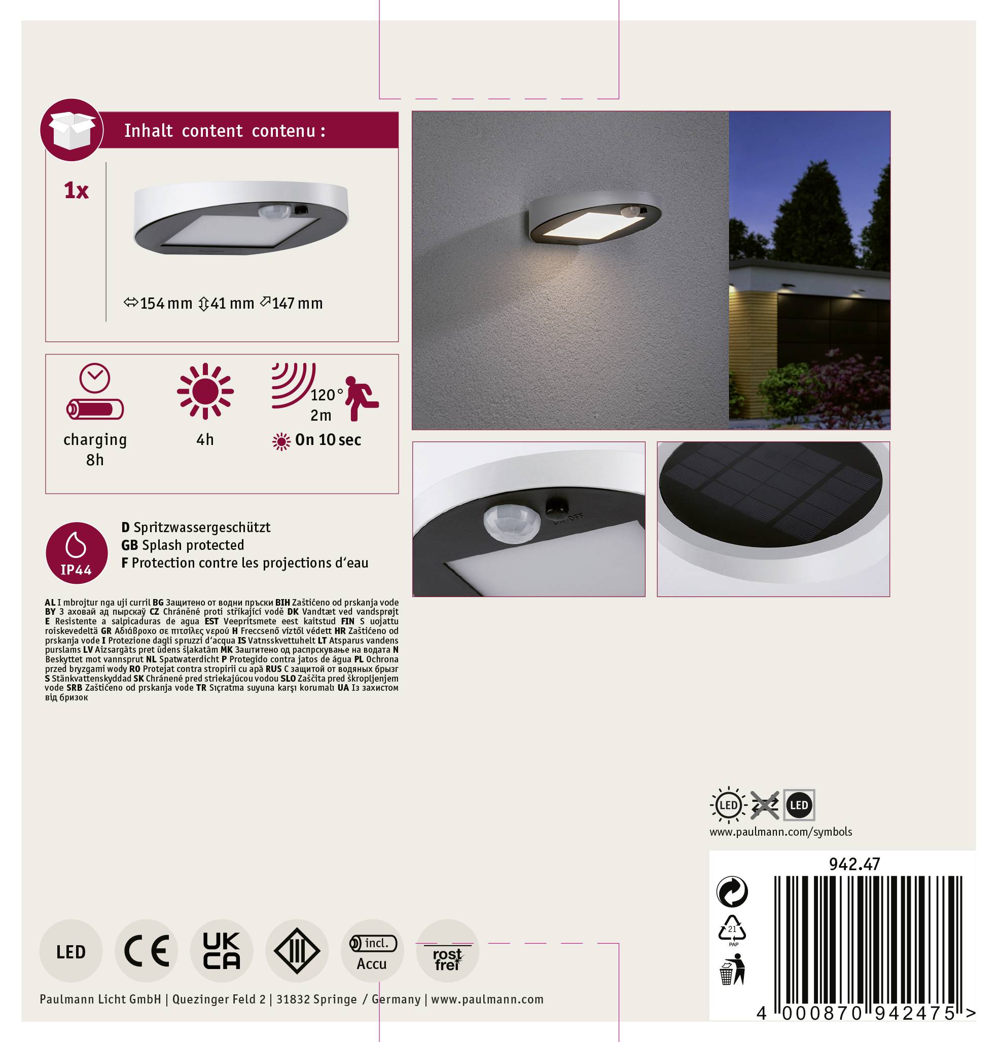 Nástěnné solární svítidlo s pohybovým senzorem, IP44, doba nabíjení 8 hodin, provozní doba 8 hodin, 1x LED, úhel osvětlení 200°, doba svícení 10 sekund.