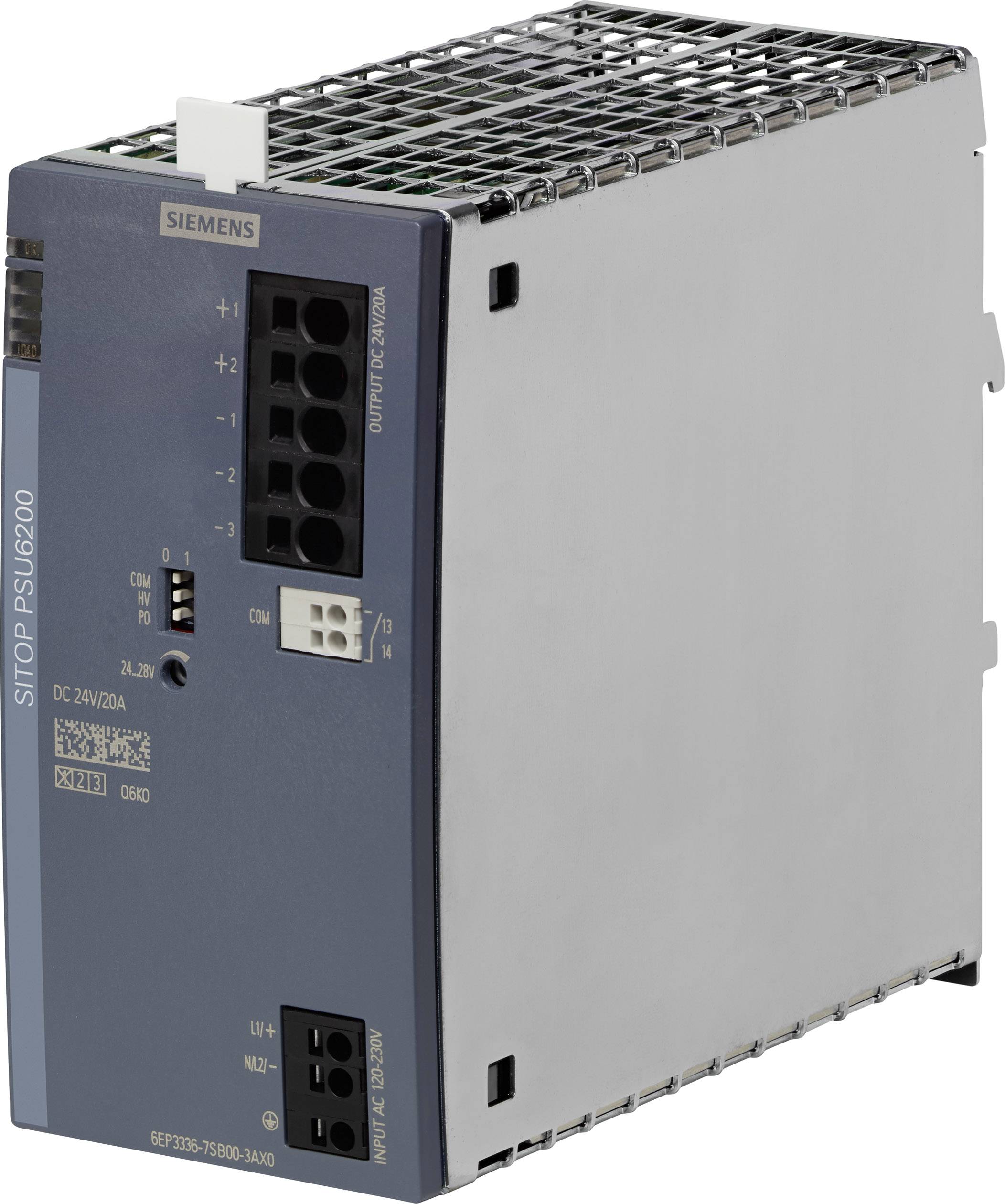 Síťový napájecí zdroj Siemens SITOP PSU6200 pro montáž na DIN lištu, s vícero výstupy a stabilním šedým krytem.