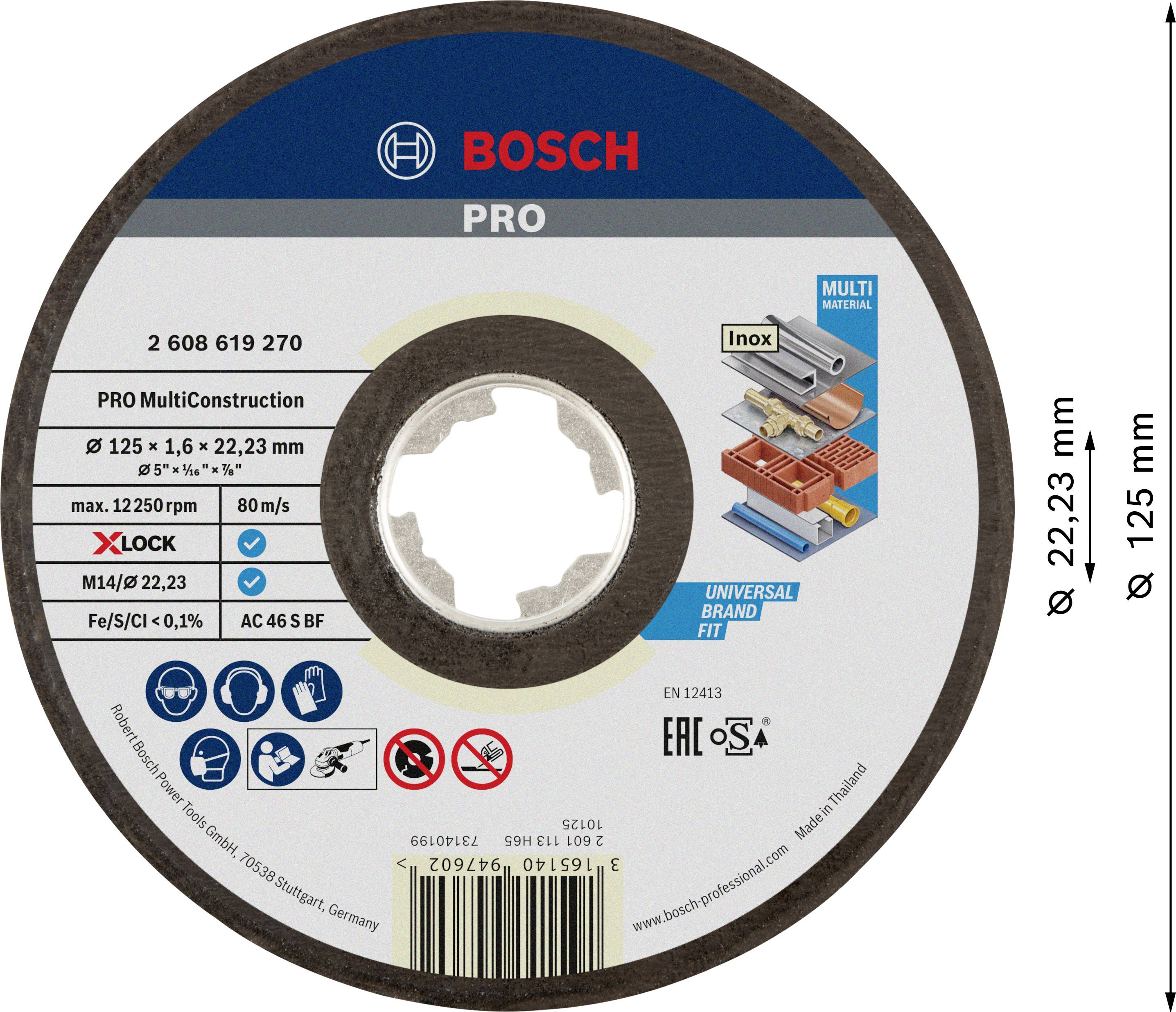 'Bosch PRO řezný kotouč', průměr 125 mm, otvor 22,23 mm, pro MultiConstruction, uvedeny podrobnosti o certifikátech a účelu použití.