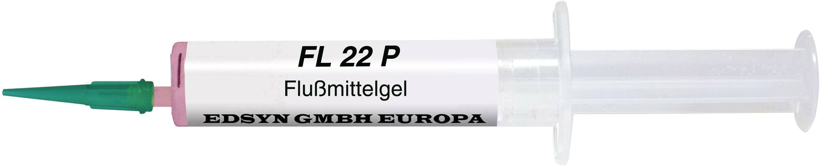 Průhledná injekční stříkačka se zeleným nástavcem, označená nápisem 'FL 22 P Flussmittelgel' a 'EDSYN GMBH EUROPA'.