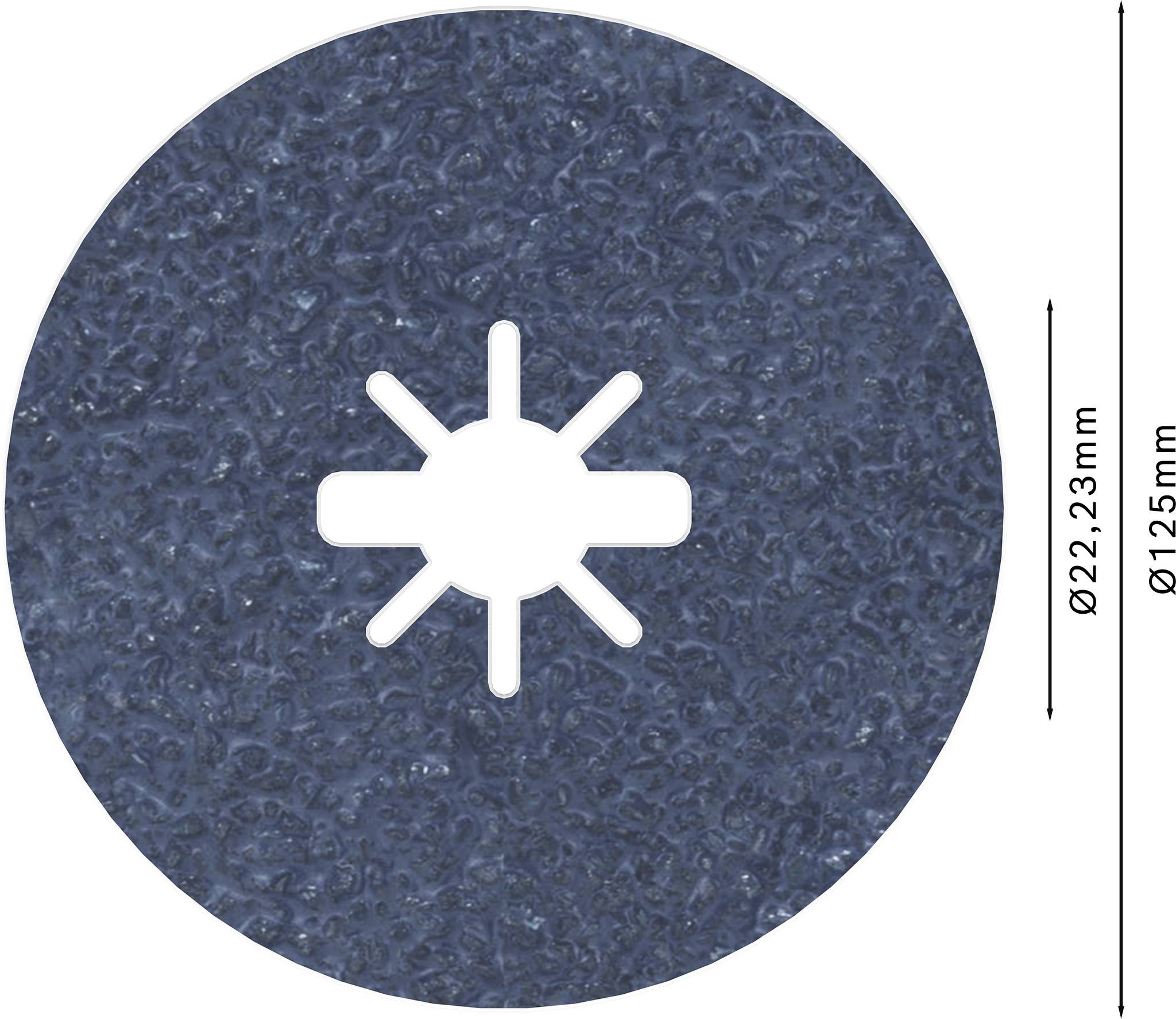 Modrý brusný papír s vnitřním otvorem 22,23 mm a vnějším průměrem 125 mm.