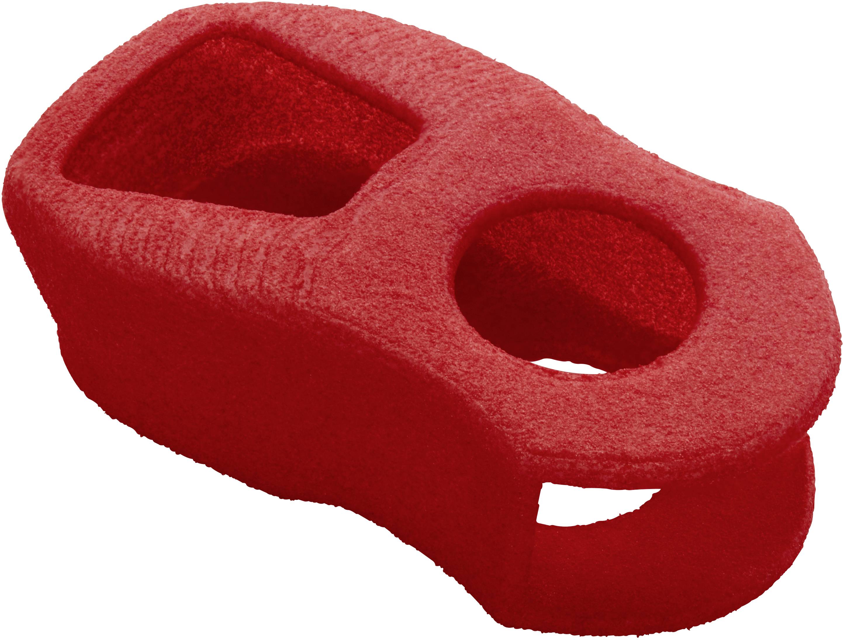 Červený, pěnovitý nosný úchyt, pravděpodobně určený pro přepravku, se dvěma kulatými otvory pro uchycení hrdel lahví.