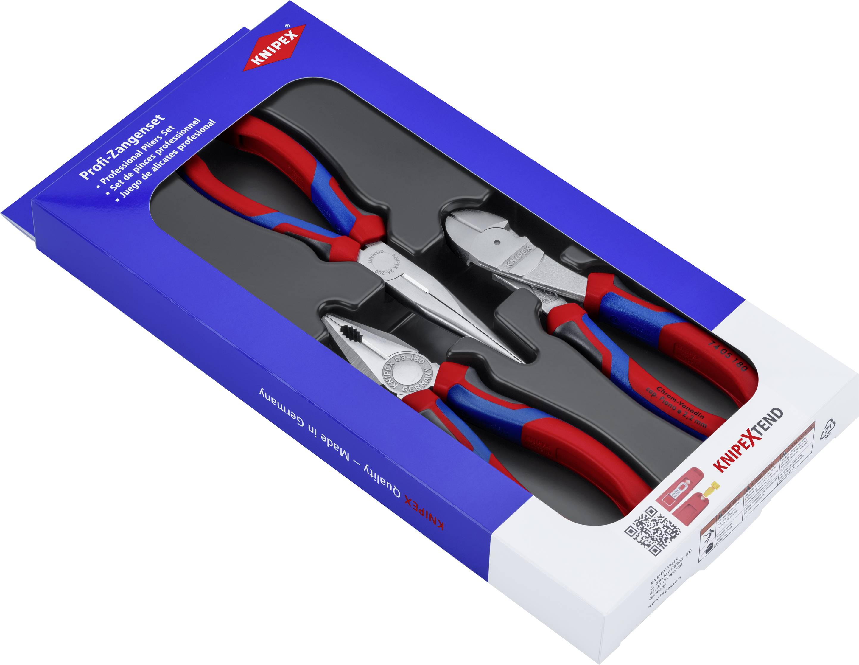 Balení se třemi kleštěmi Knipex v červeno-modré barvě. Obsahuje kombinované kleště, boční štípací kleště a instalatérské kleště.