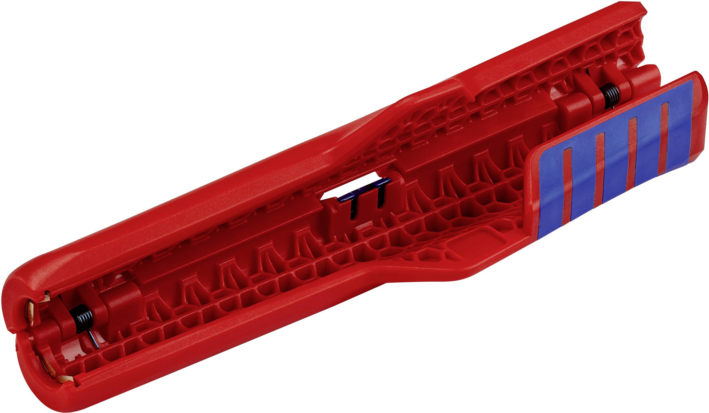 Červený plastový kryt s modrými pruhy, pravděpodobně držák nebo součást nástroje.