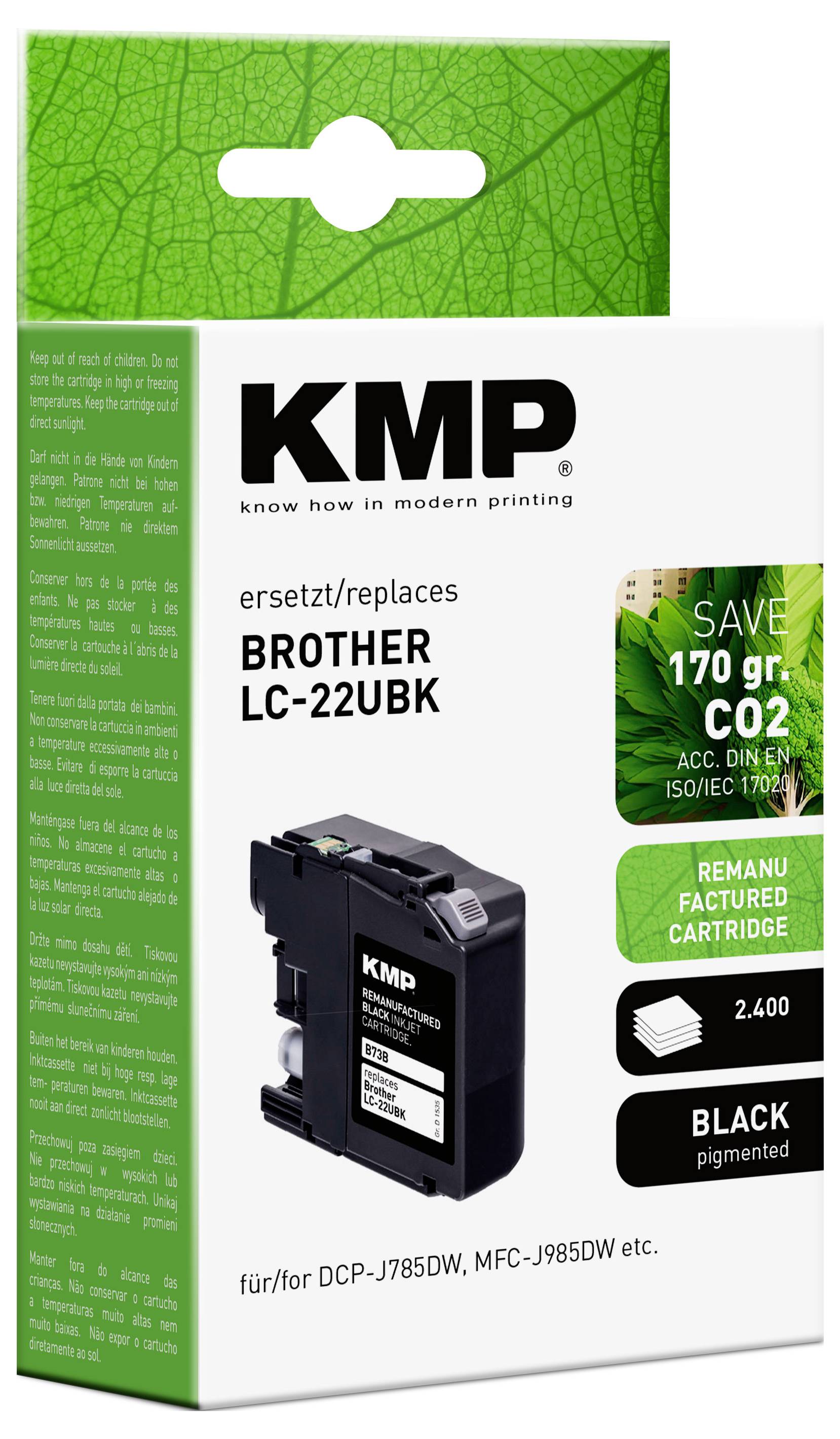 Balení renovovaného černého inkoustového cartridge, kompatibilní s Brother LC-22UBK, úspora 170g CO2, vhodný pro specifické modely tiskáren.