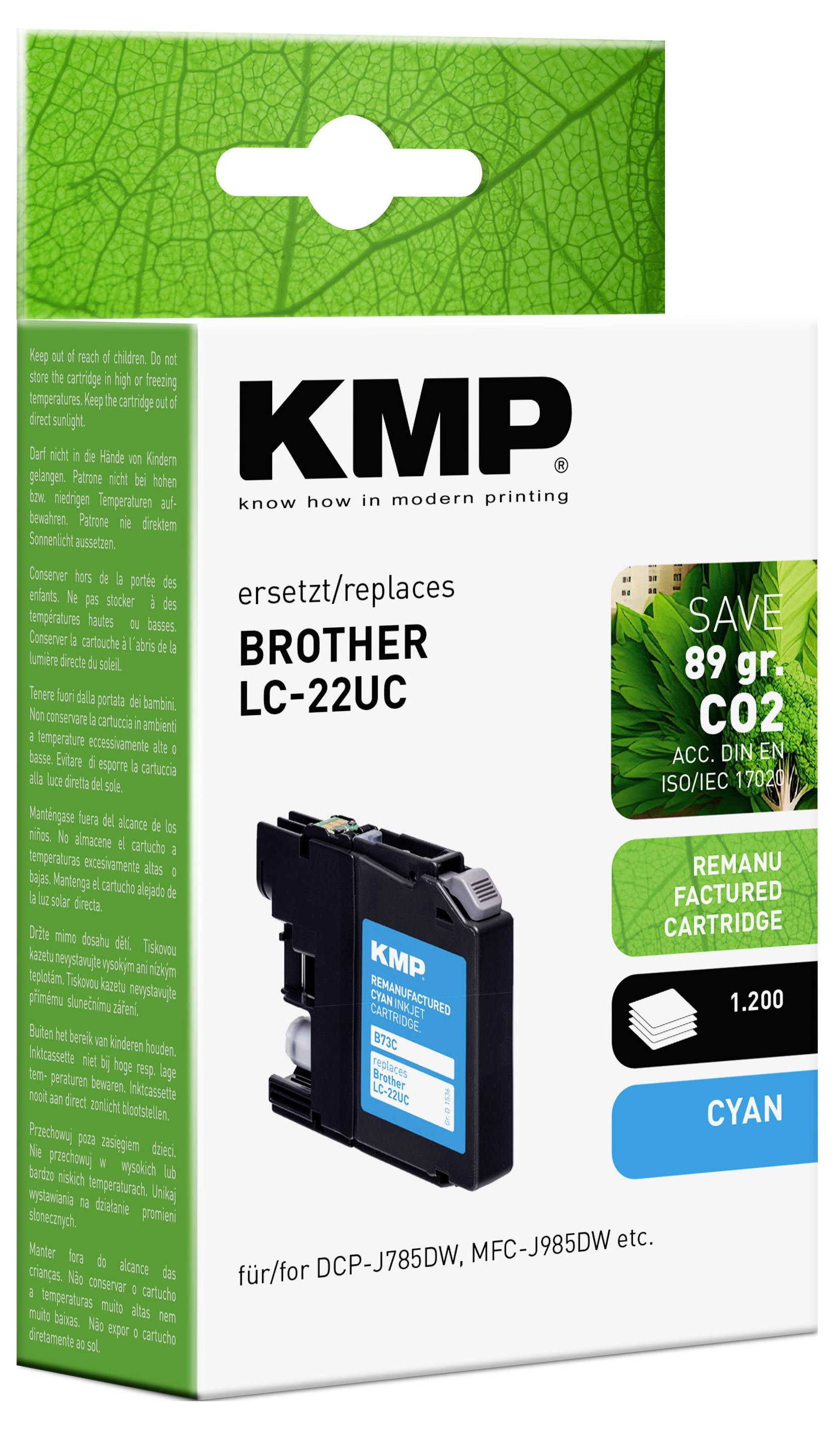 Obrázek zobrazuje balení renovovaného azurového inkoustového cartridge kompatibilního s tiskárnami Brother LC-22UC. Obal zdůrazňuje ekologické vlastnosti, jako je úspora 89g CO2, a je opatřen designem zeleného listu.