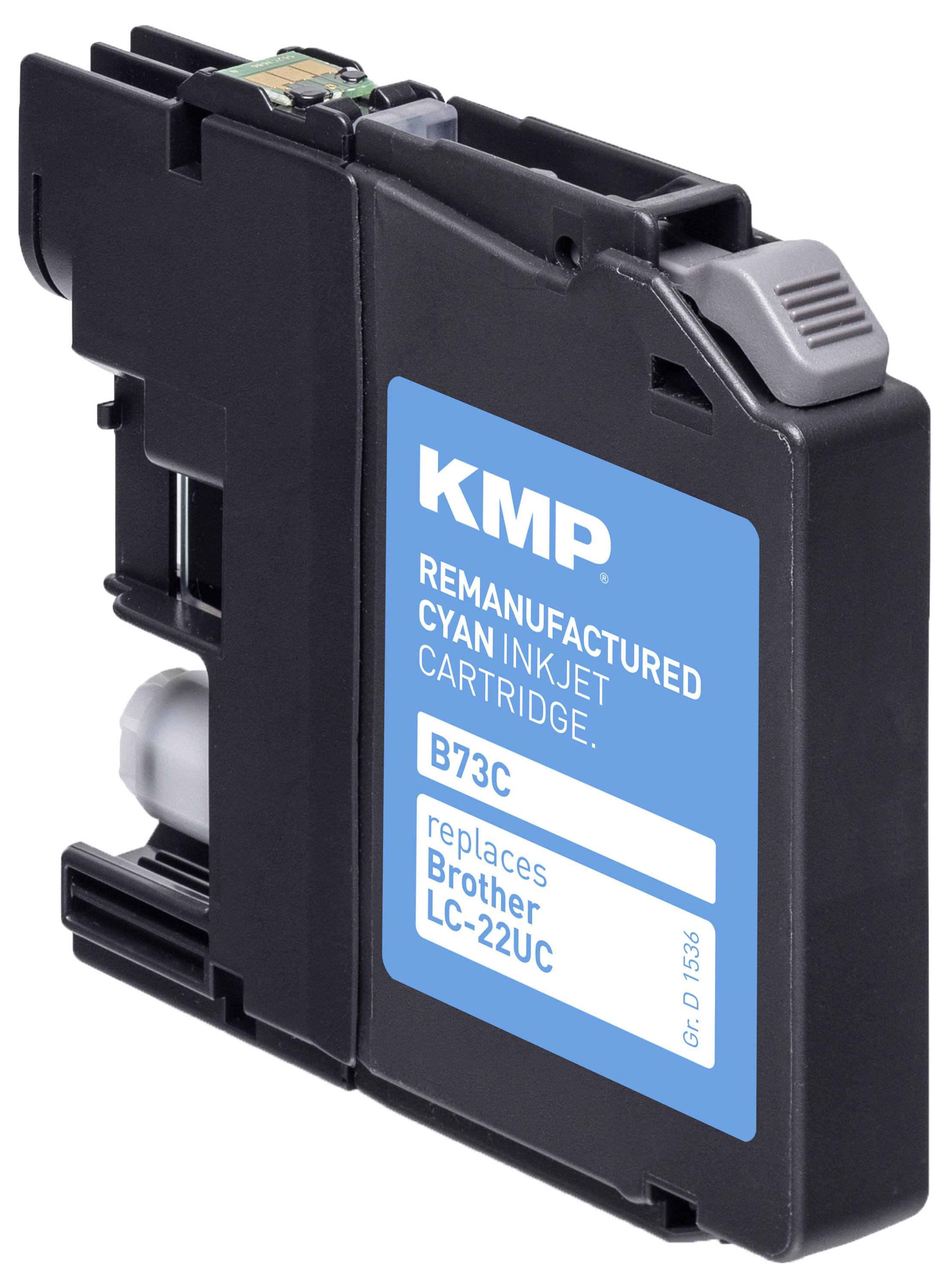 Repasovaná azurová inkoustová cartridge označená 'KMP B73C', kompatibilní s tiskárnami Brother LC-22UC.