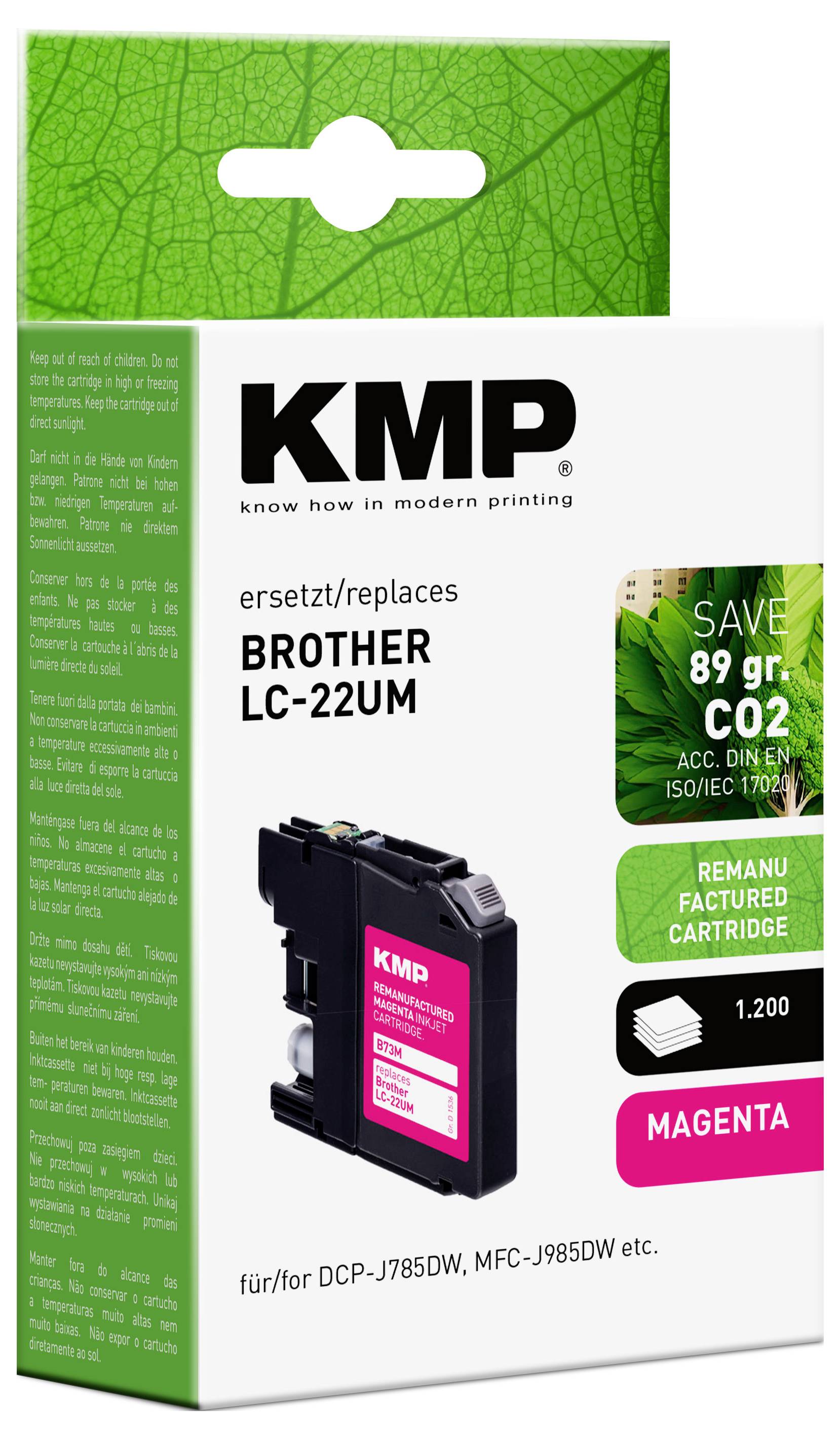 Zásobník inkoustu KMP pro Brother LC-22UM, s důrazem na environmentální přínosy: "Úspora 89g CO2" a "Repasovaná kazeta"