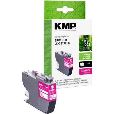 Obal inkoustové kazety KMP pro tiskárny Brother model LC-3219XLM, označené jako purpurová, s ekologickými nápisy a tvrzeními o úspoře CO2.