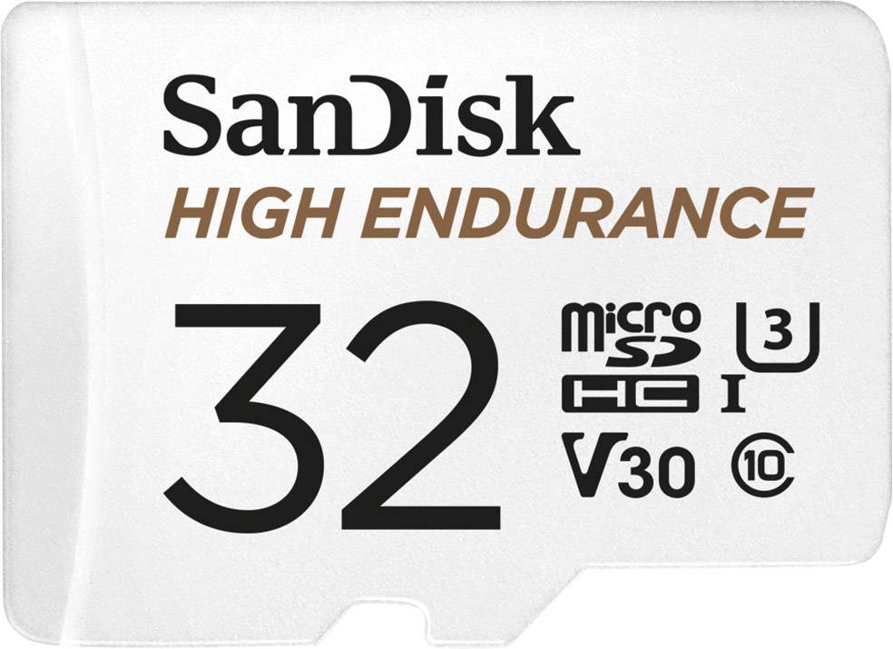 Paměťová karta SanDisk microSD o kapacitě 32 GB, vhodná pro videomonitorovací a palubní kamery, série 'HIGH ENDURANCE'.