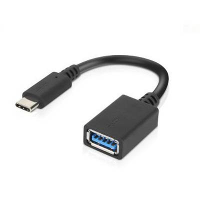 Adaptační kabel USB-C na USB-A v černé barvě, zobrazující USB-C konektor vlevo a USB-A zdířku vpravo.