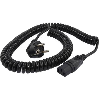 Černý spirálový kabel se zástrčkou a zásuvkou na bílém pozadí.