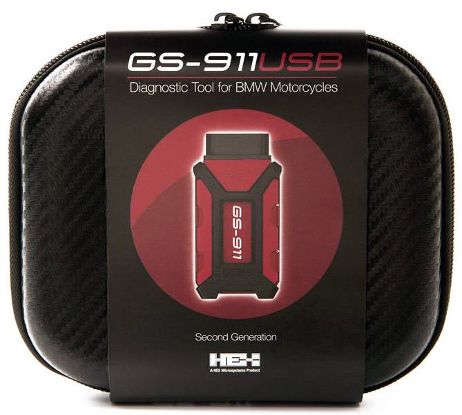Diagnostický nástroj 'GS-911USB' pro motocykly BMW v černém pouzdře, druhá generace.