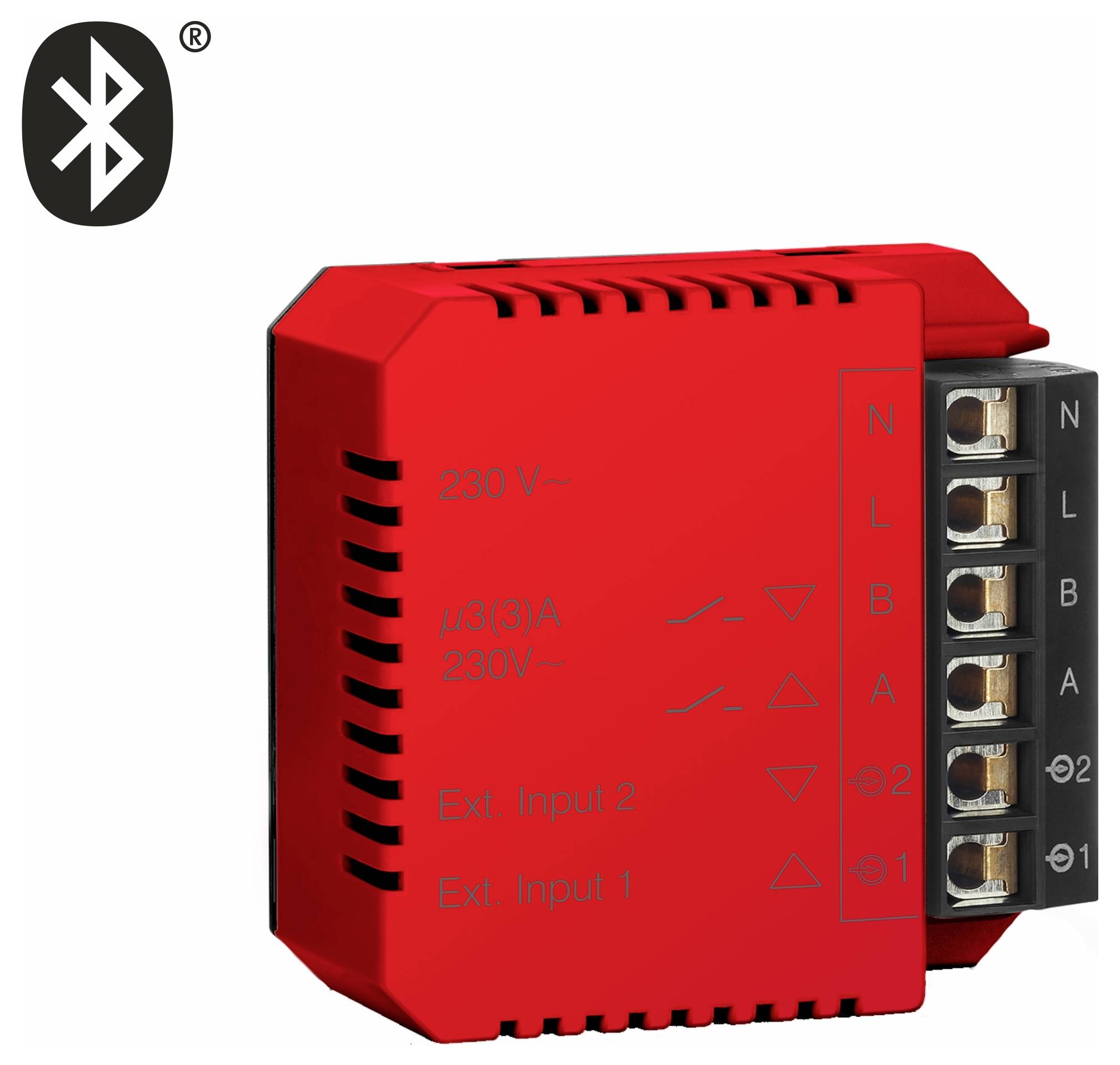 Červený inteligentní domácí přepínač s Bluetooth připojením, označený vstupními/výstupními svorkami, určený pro ovládání domácích elektrických systémů.