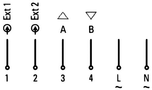 Schéma elektrického vedení se dvěma externími připojeními označenými „Ext 1" a „Ext 2", symboly „A" a „B" a linky číslovány 1, 2, 3, 4, L, N.