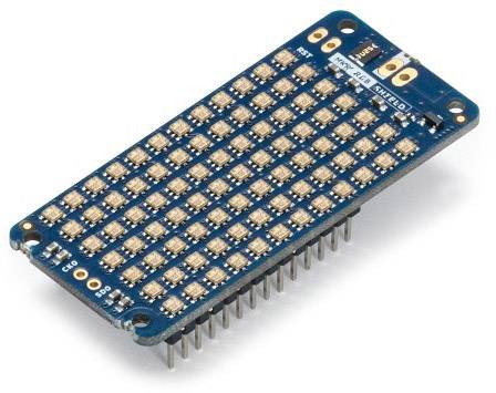 Obdélníková deska plošných spojů s maticí LED a piny pro připojení k Arduinu, označená štítkem "Matice 8x8 Shield".