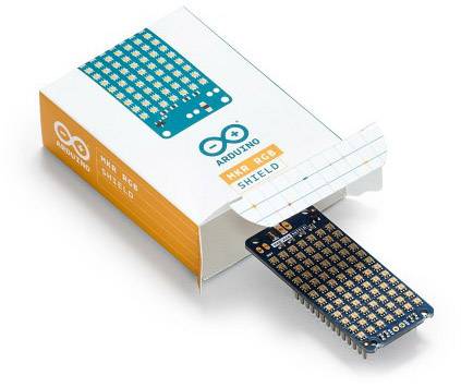 Arduino MKR RGB Shield v otevřeném obalu, zobrazující desku plošných spojů s mnoha LED konektory.