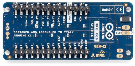 Arduino MKR RGB Shield, modrá deska s početnými konektory a nápisem 'Designed and Assembled in Italy'.