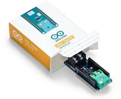 Arduino MKR Therm Shield v obalu, vytažený, ukazuje senzory a konektory. Ideální pro měření teploty v projektech.