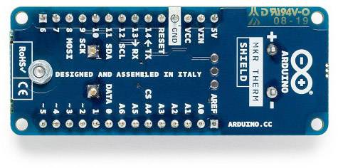 Arduino MKR Therm Shield, modrá deska plošného spoje s konektory a nápisem "Designed and Assembled in Italy".