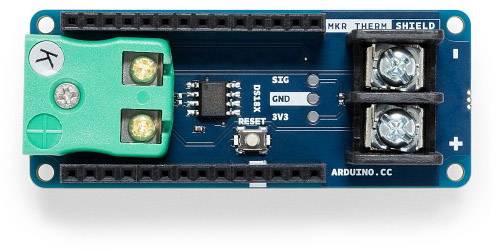 Arduino MKR Therm Shield s konektory pro termočlánky, resetovacím tlačítkem a třemi indikačními PINy: SIG, GND, 3V3.