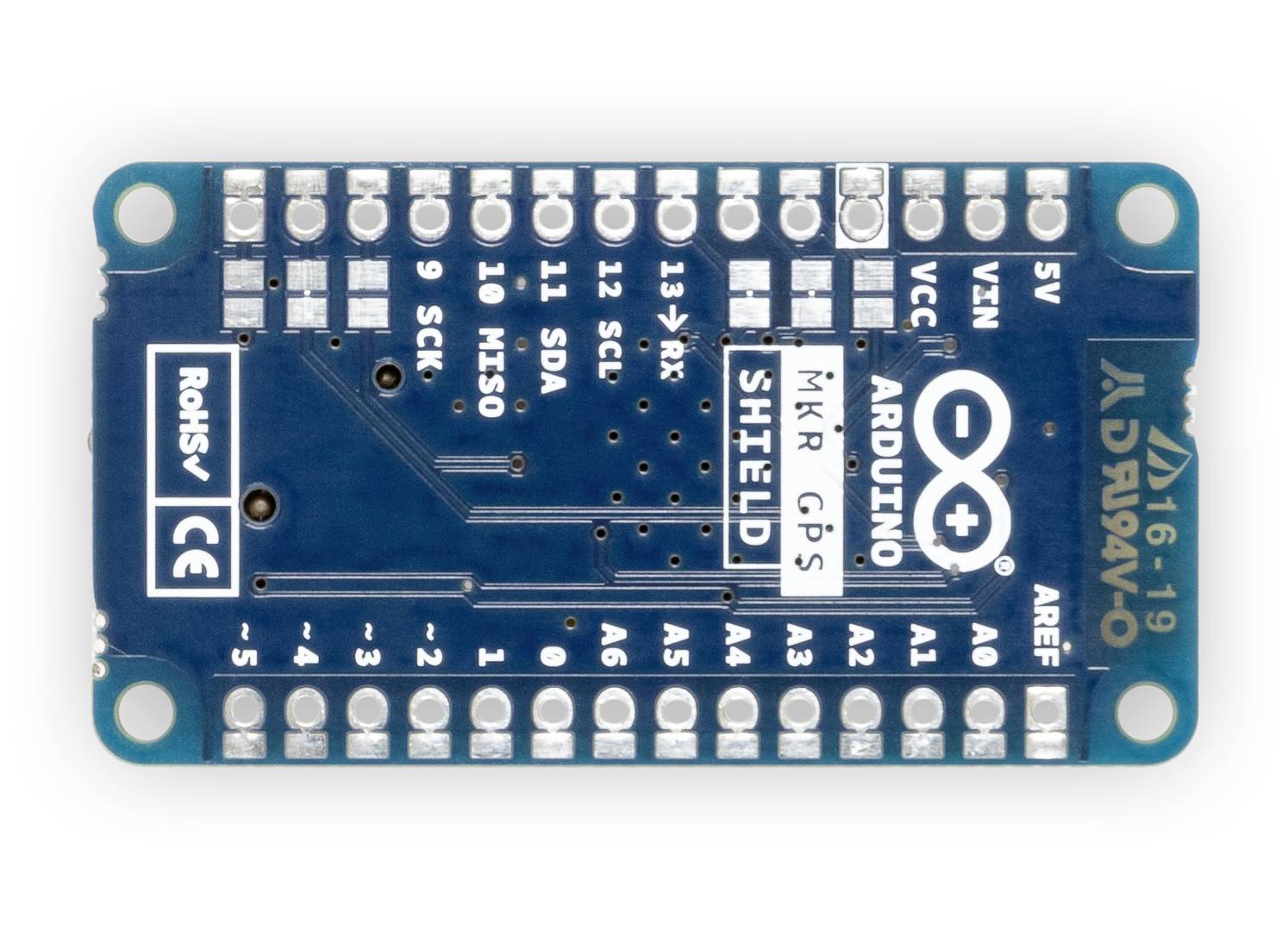 Arduinova GPS MKR deska s modrou deskou plošných spojů a různými připojovacími piny, která je na horní straně označena pro GPS funkcionalitu.