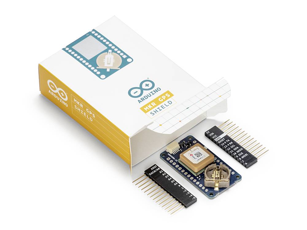 Arduino MKR GPS Shield vytažený částečně z krabičky, ukazuje desku plošných spojů s několika piny a GPS modulem. Vhodný pro GPS projekty.