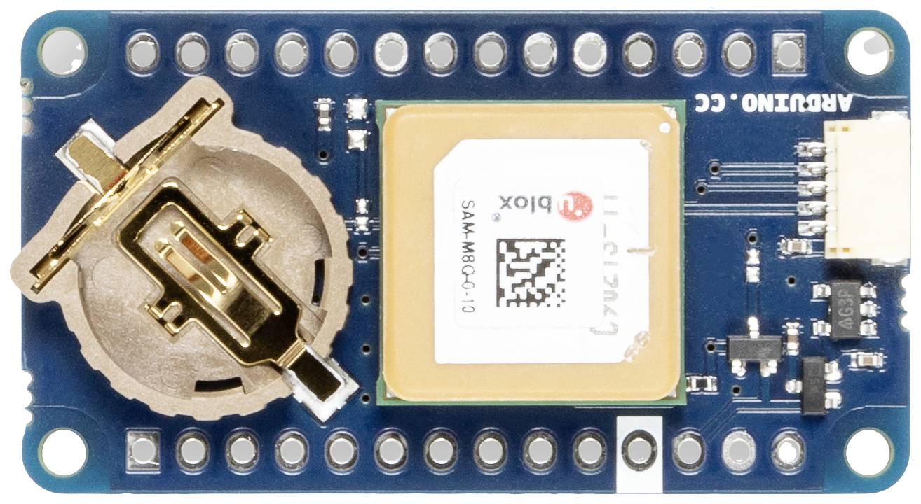 Arduinová deska s GPS modulem u-blox a držákem baterie, vhodná pro lokalizační projekty a navigační aplikace.