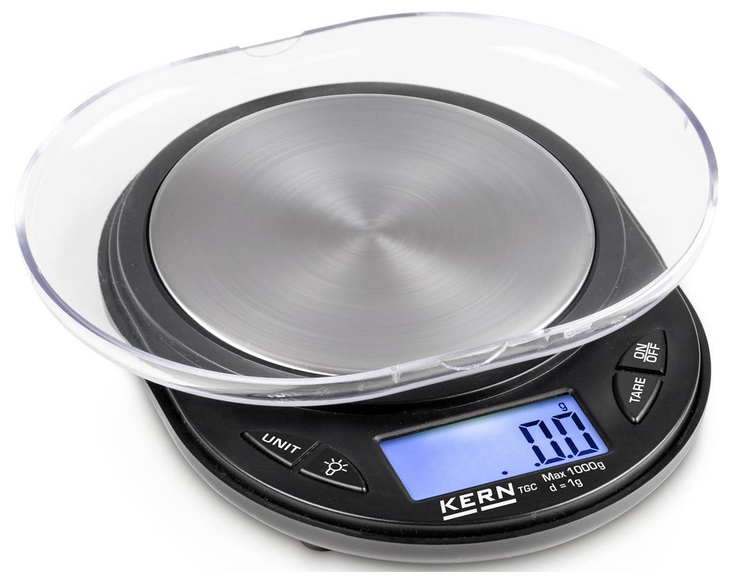 Digitální kuchyňská váha s kulatou vážicí plochou z nerezové oceli a modrým LCD displejem, který zobrazuje '0.0' gramů.