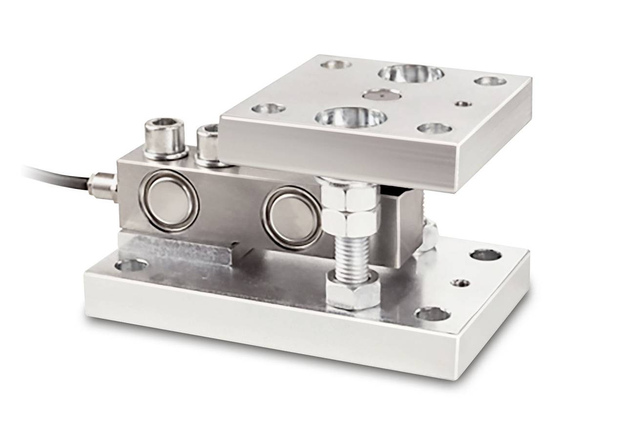 Průmyslový vážní systém z kovu s kabelovým připojením, skládající se ze základní desky, pohyblivé horní desky a seřizovacího šroubu, vhodný pro měření hmotnosti.