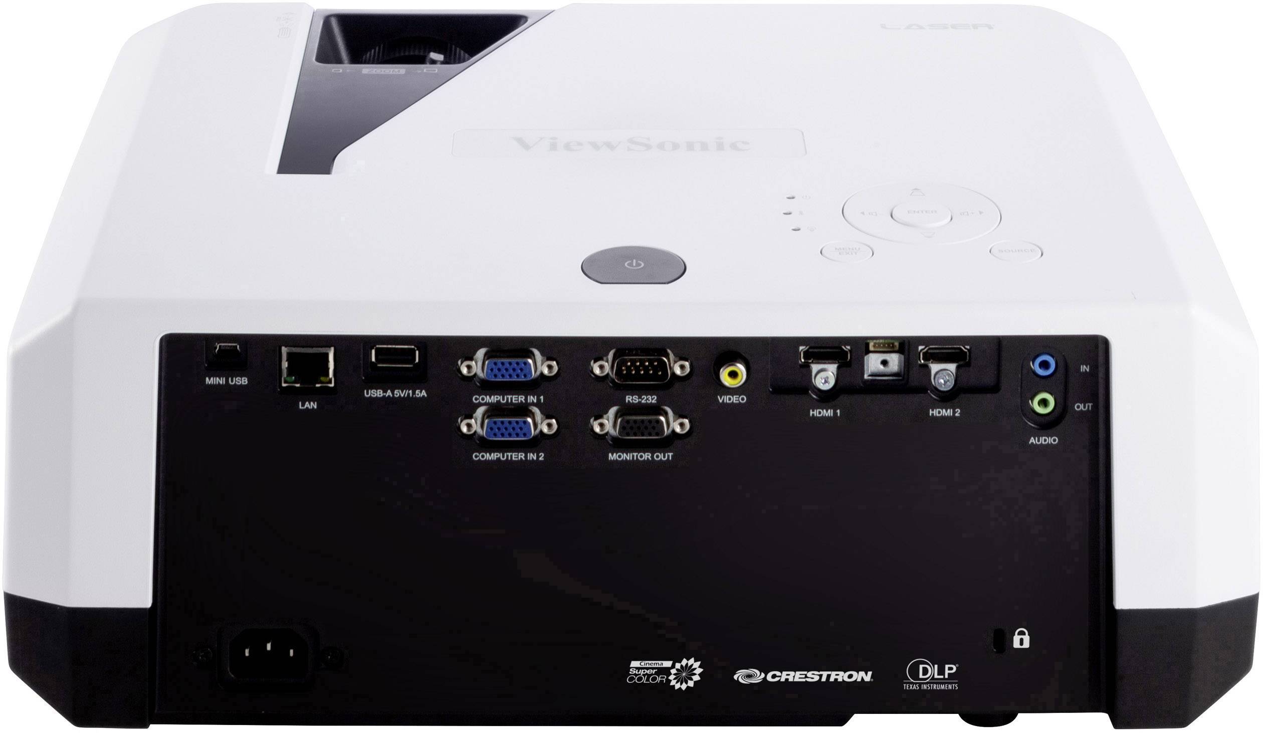 Projektor zezadu ukazující různé konektory jako HDMI, VGA, USB a Audio.