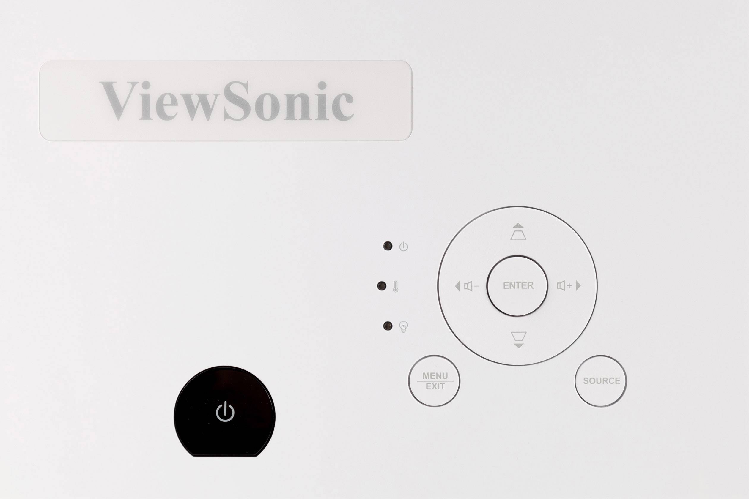 Ovládací panel zařízení ViewSonic s ovládacími tlačítky pro nabídku, zdroj a vypínač.