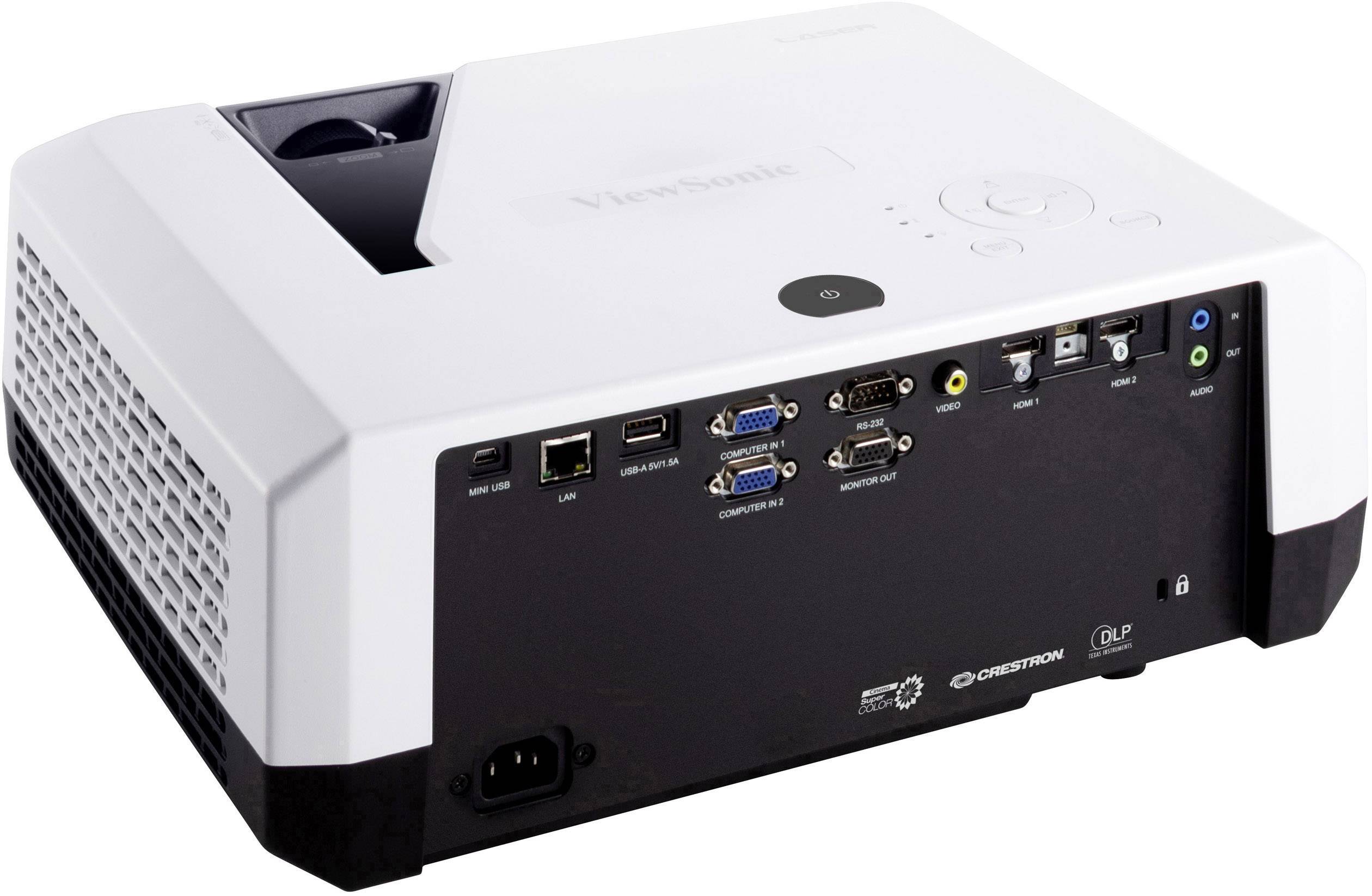Bílý projektor, pohled zezadu, ukazuje několik připojovacích možností, jako jsou HDMI, USB, VGA a audio.