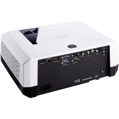 Bílý projektor, pohled zezadu, ukazuje několik připojovacích možností, jako jsou HDMI, USB, VGA a audio.