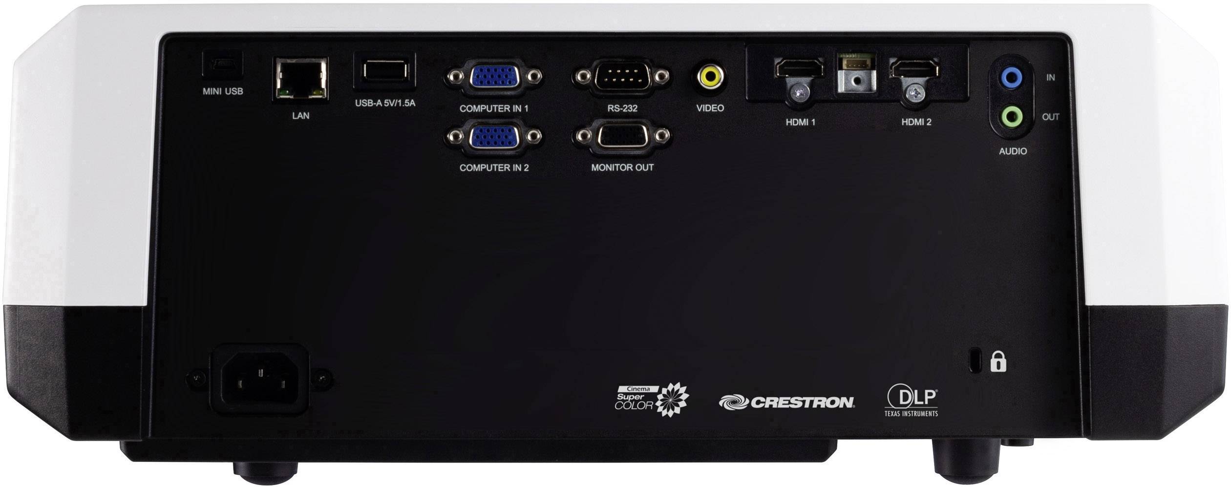 Zadní strana projektoru s několika konektory: HDMI, VGA, LAN, audio a USB. Vhodné pro všestranné možnosti připojení.
