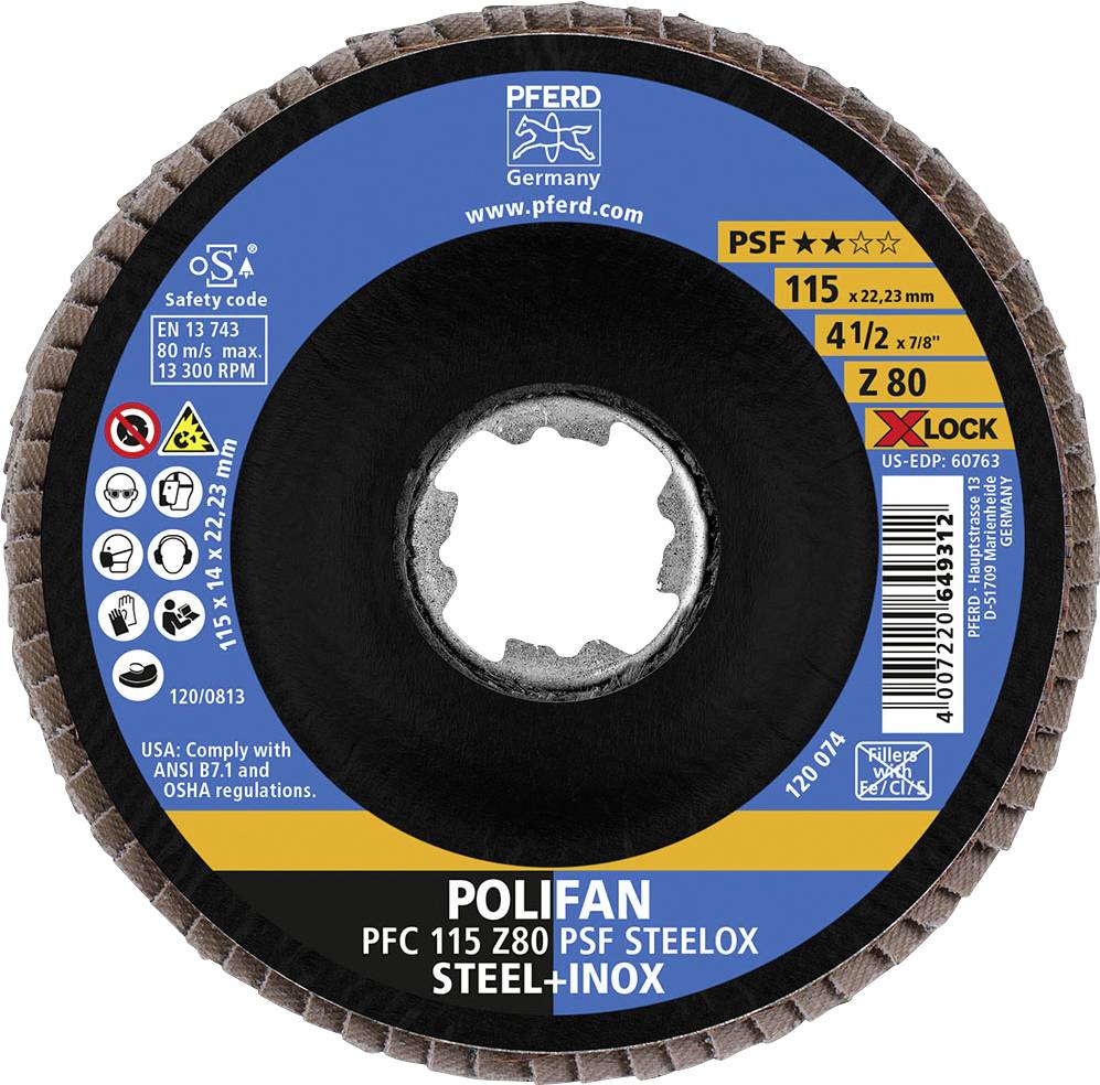 Brusný talíř s nápisem 'POLIFAN PFC 115 Z80 PSF STEELOX STEEL+INOX'. Velikost: 115 mm. Velikost otvoru: 22,23 mm.