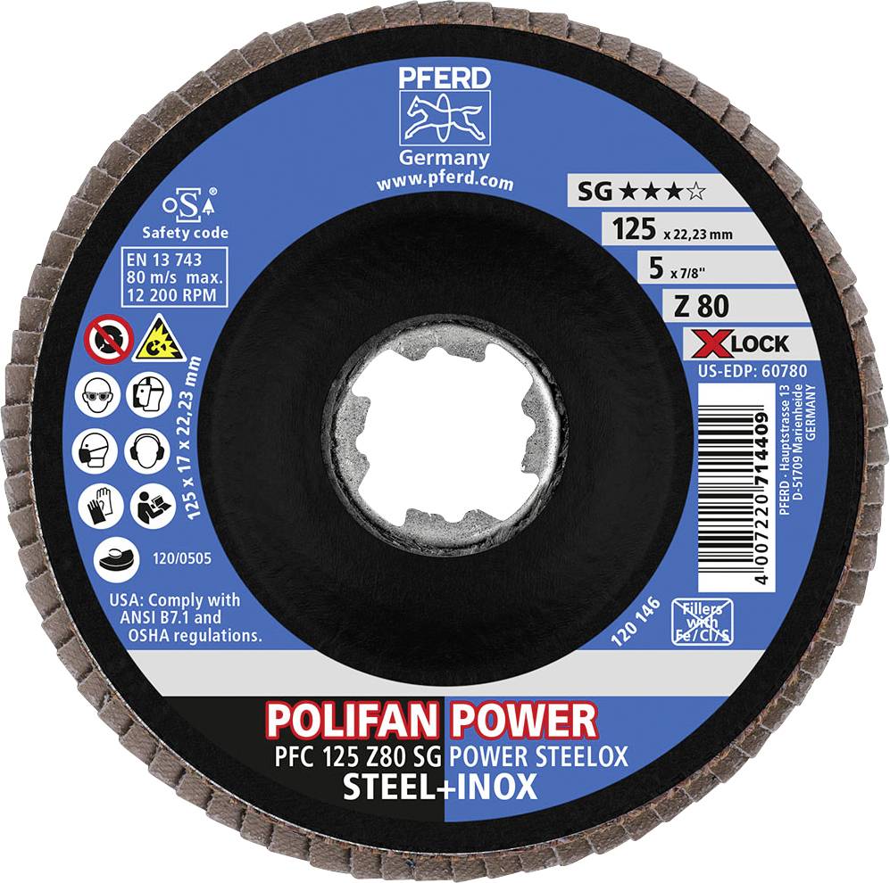 Brusný kotouč s produktovými informacemi: 'POLIFAN POWER', průměr 125 mm, otvor 22,23 mm, vhodný na ocel a nerez, určený pro otáčky až 12.200 ot/min.