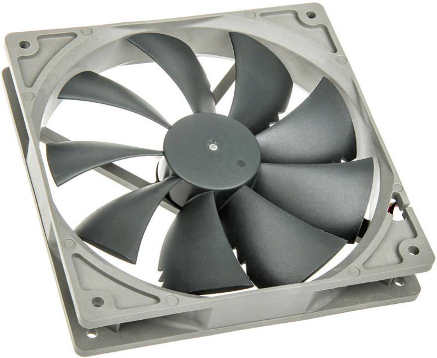 Šedý počítačový ventilátor s osmi černými lopatkami v čtvercové skříni.