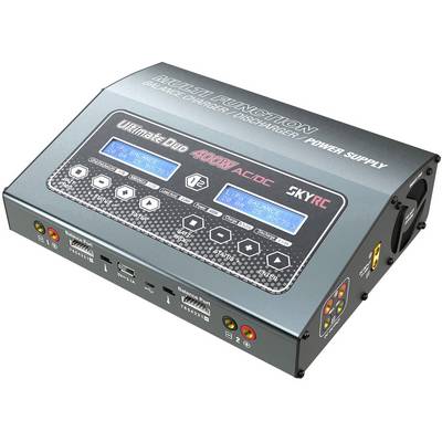 Modrá nabíječka se dvěma displeji a několika porty, označená jako 'Ultimate Duo 400W AC/DC' pro RC zařízení.