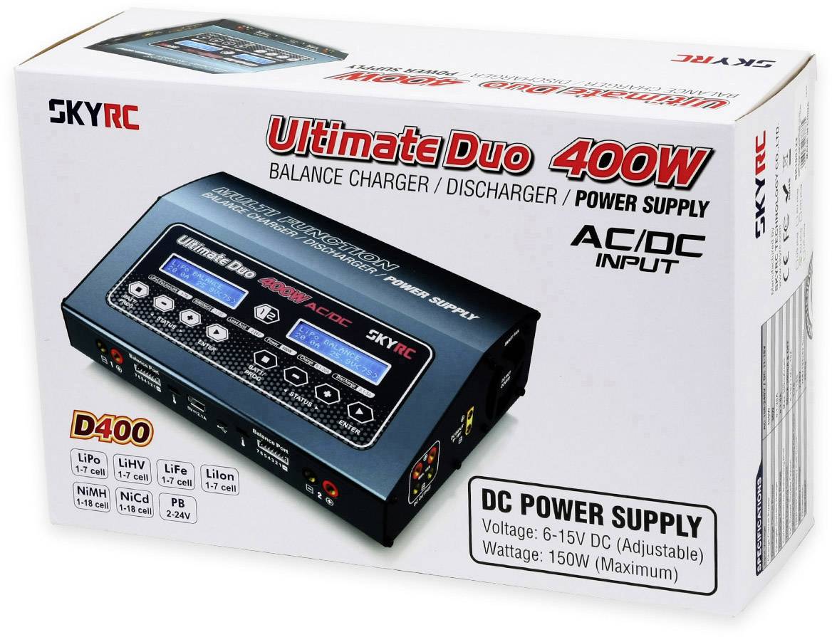 Balancní nabíječka 'Ultimate Duo 400W' od společnosti SKYRC v obalu se specifikacemi. Podporuje LiPo, LiFe, LiIon, NiMH.